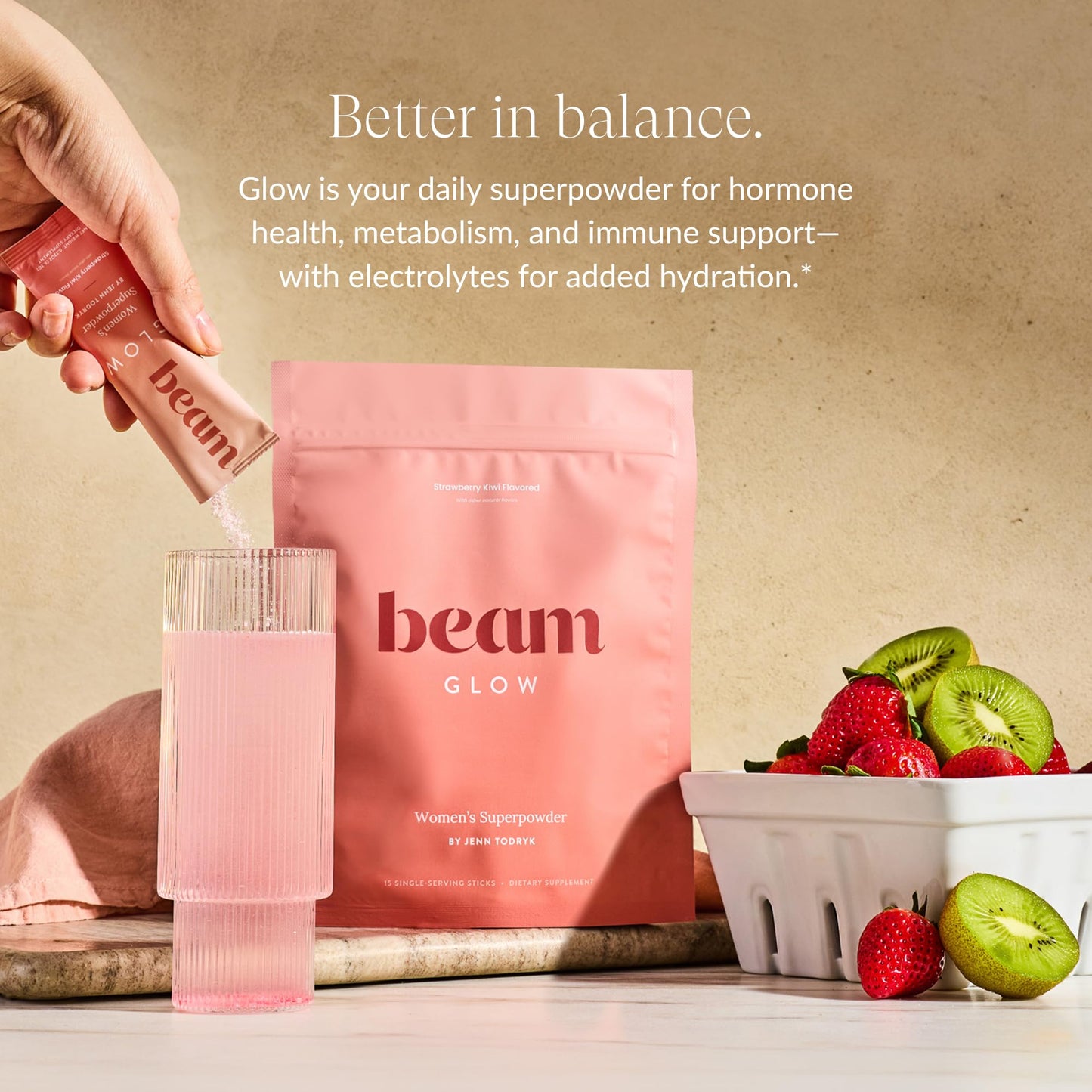 Beam Glow, Hormone Balance for Women, Strawberry Kiwi and Raspberry Bundle, Thyroid Support for Women, Natural Hormone Support Powder with Selenium and Bromelain, PMS Relief, Energy, Hair, Skin Health - dailyvitalstore
