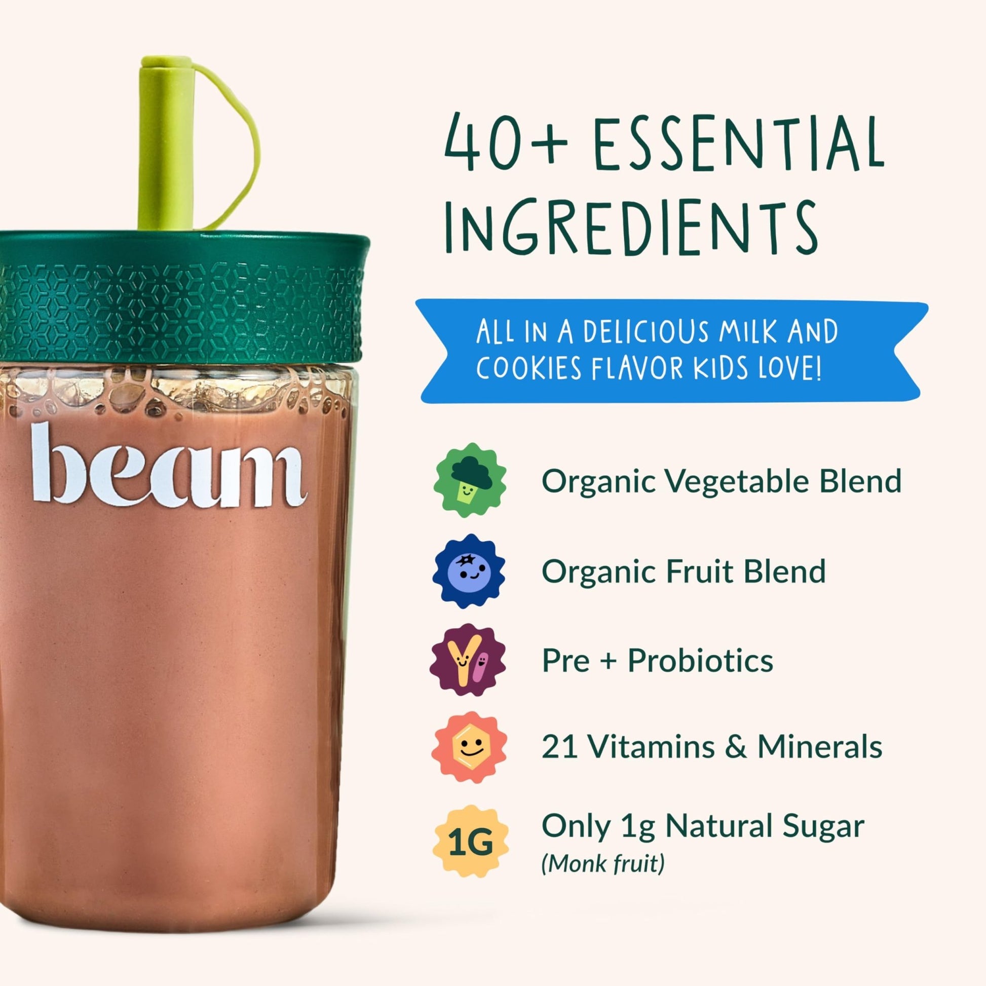 Beam Kids Multivitamin Powder – Kids Vitamins with Greens, Probiotic & Prebiotic, Immune Support for Children & Toddlers, No Artificial Sweeteners, For Picky Eaters, - dailyvitalstore