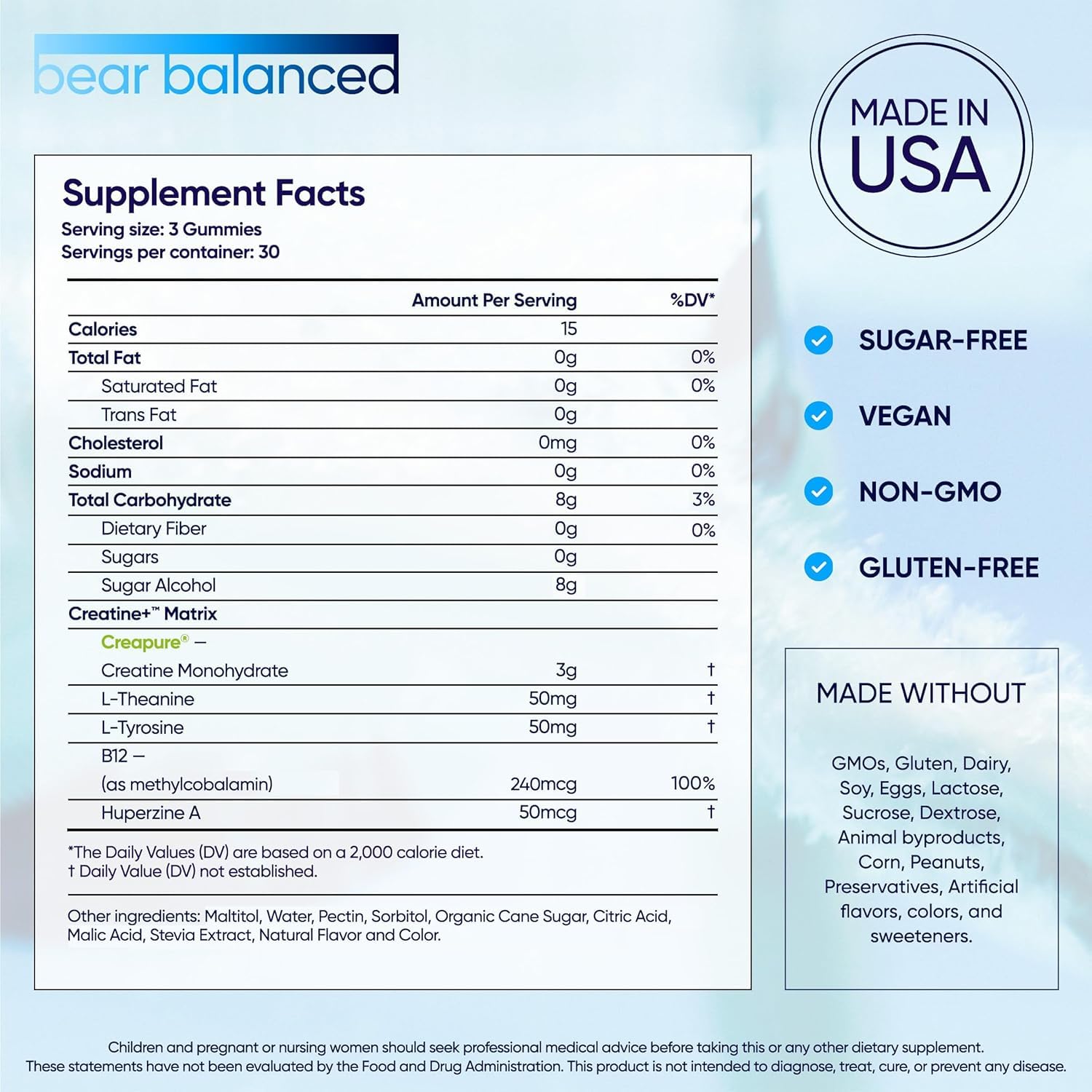 Bear Balanced Creatine Gummies for Men & Women - Creapure® Creatine Monohydrate, L-Theanine, L-Tyrosine & B12 for Muscle Growth, Strength, Focus, Energy & Health - dailyvitalstore