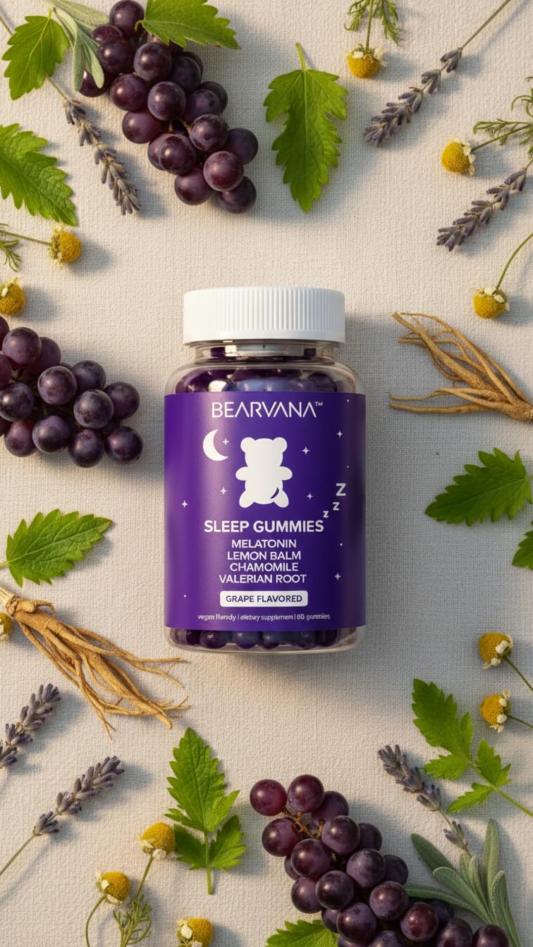 BEARVANA Sleep Gummies with Melatonin | Grape Flavored Vegan Sleep Supplement with Lemon Balm, Chamomile & Valerian Root | Night time Relaxation & Rest Support | 60 Gummies - dailyvitalstore