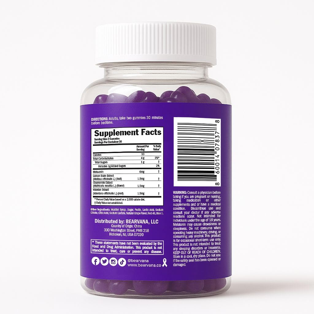 BEARVANA Sleep Gummies with Melatonin | Grape Flavored Vegan Sleep Supplement with Lemon Balm, Chamomile & Valerian Root | Night time Relaxation & Rest Support | 60 Gummies - dailyvitalstore
