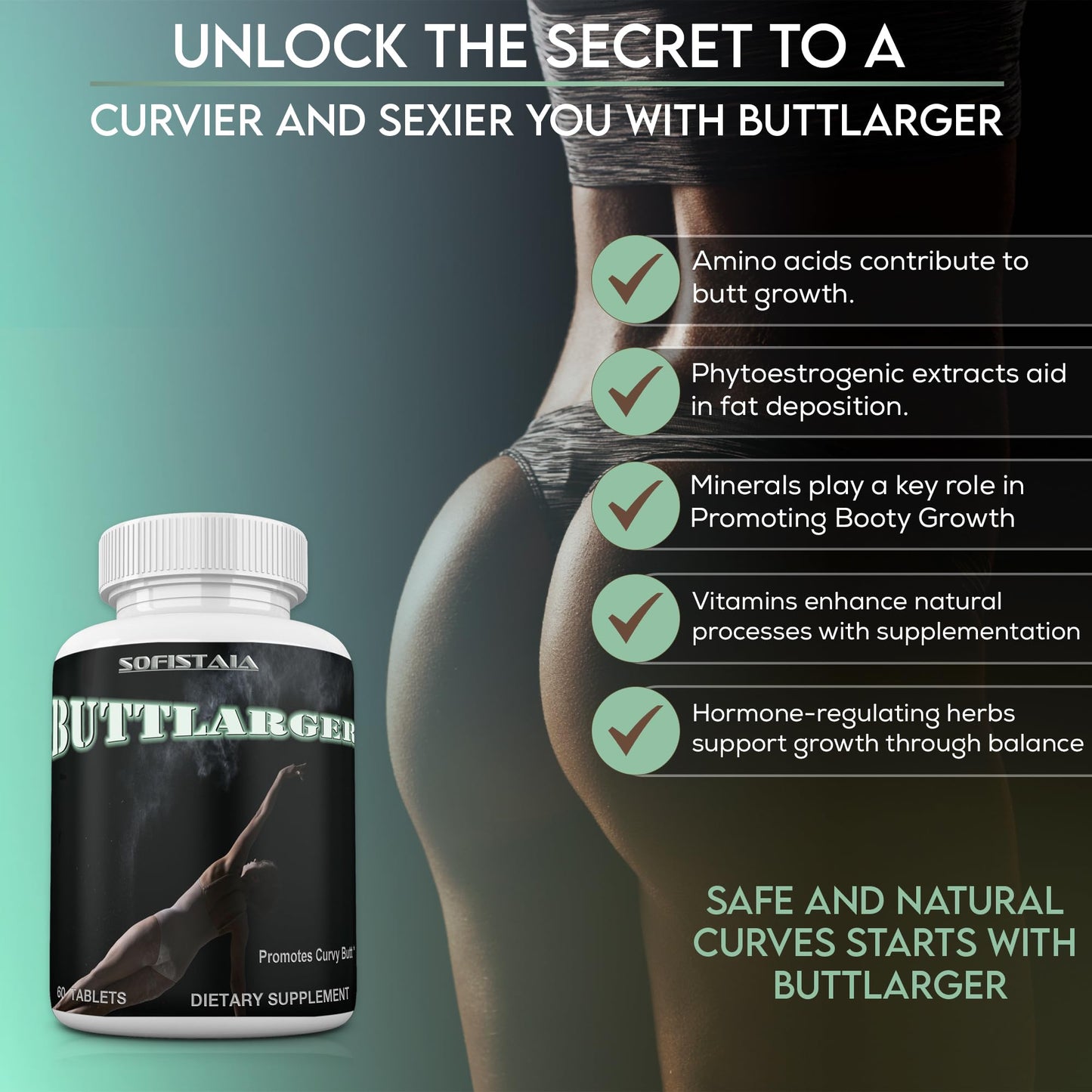 BEAUTIFYEM Sofistaia BUTTLARGER Natural Enhancement Supplement, 60 Tablets, Essential Nutrients for Curves and Confidence - dailyvitalstore