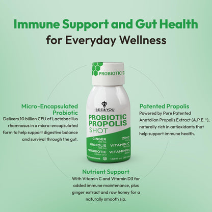 Bee and You Propolis Immune Shot, Probiotic, Vitamin C, Vitamin D3, Zinc, Ginger, Immune Support, Gut Health, Digestive Health, Bioactive 1.69 Fl. oz, 12 Pack - dailyvitalstore