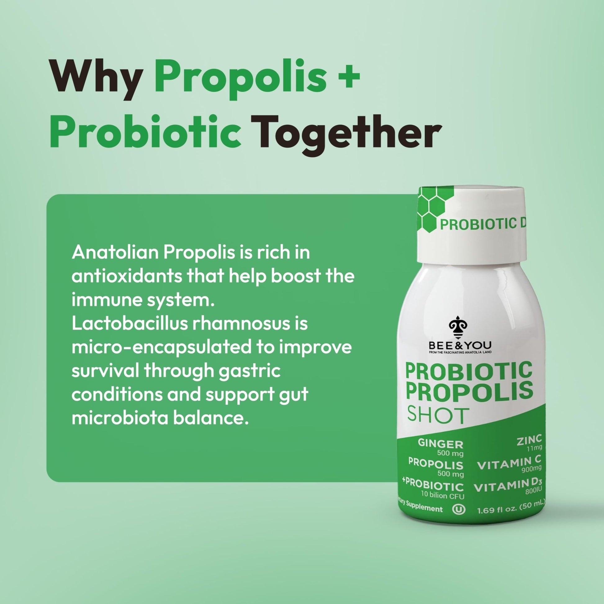 Bee and You Propolis Immune Shot, Probiotic, Vitamin C, Vitamin D3, Zinc, Ginger, Immune Support, Gut Health, Digestive Health, Bioactive 1.69 Fl. oz, 12 Pack - dailyvitalstore