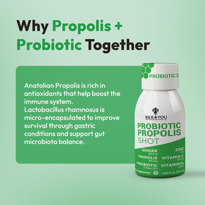 Bee and You Propolis Immune Shot, Probiotic, Vitamin C, Vitamin D3, Zinc, Ginger, Immune Support, Gut Health, Digestive Health, Bioactive 1.69 Fl. oz, 12 Pack - dailyvitalstore