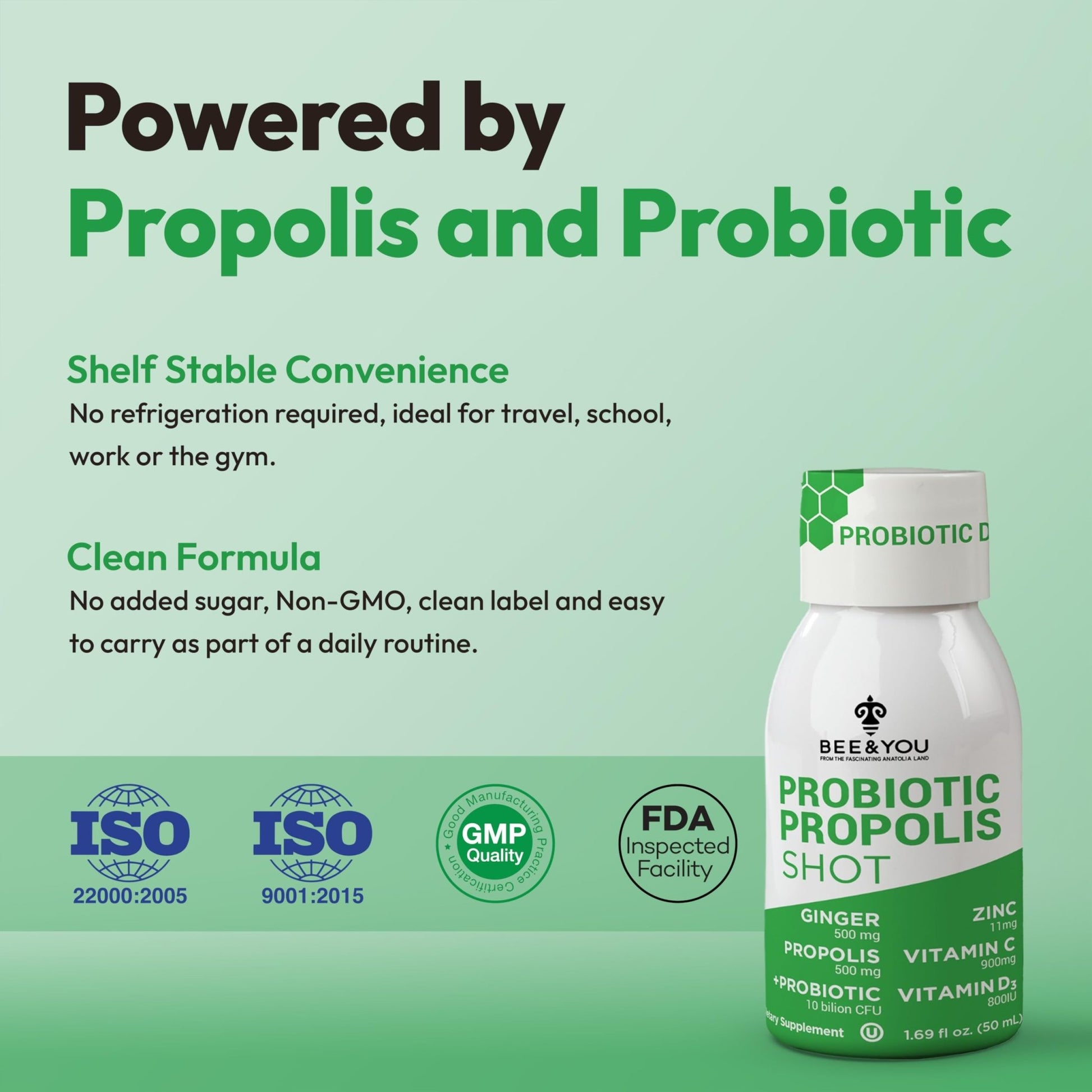 Bee and You Propolis Immune Shot, Probiotic, Vitamin C, Vitamin D3, Zinc, Ginger, Immune Support, Gut Health, Digestive Health, Bioactive 1.69 Fl. oz, 12 Pack - dailyvitalstore