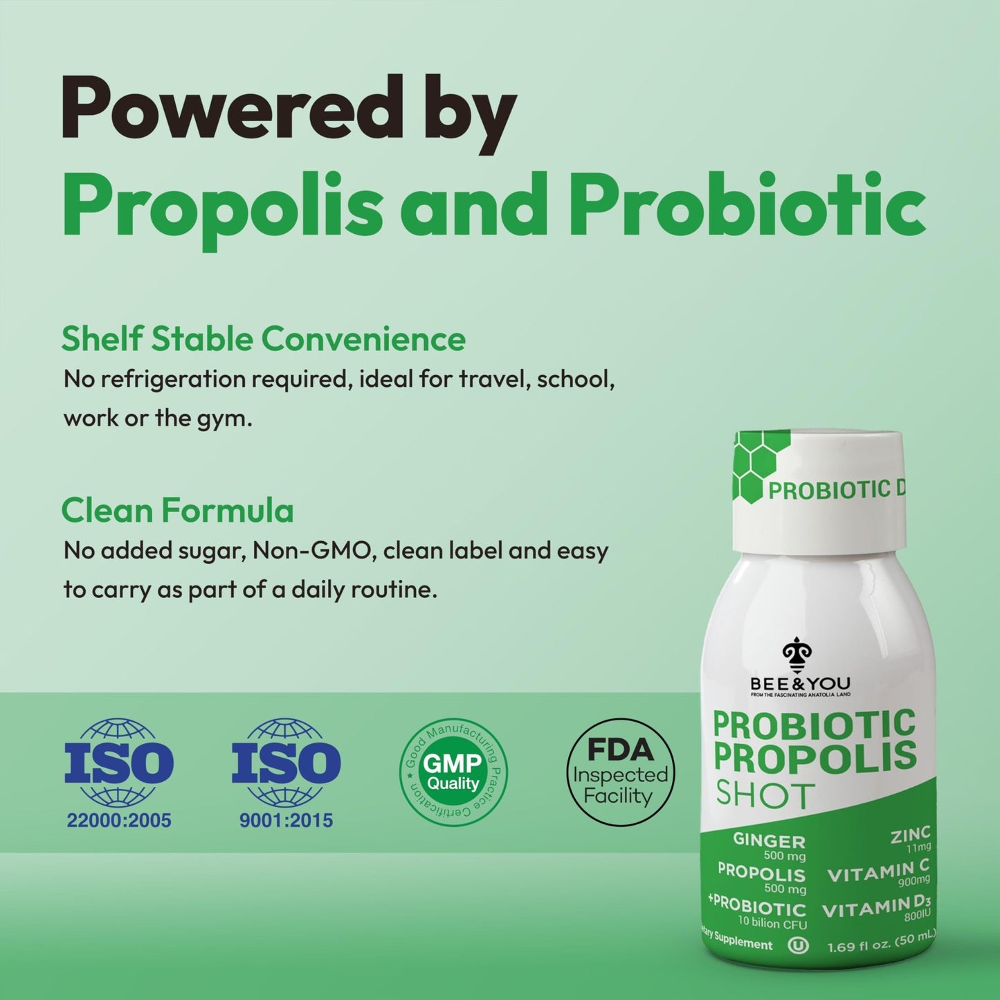 Bee and You Propolis Immune Shot, Probiotic, Vitamin C, Vitamin D3, Zinc, Ginger, Immune Support, Gut Health, Digestive Health, Bioactive 1.69 Fl. oz, 12 Pack - dailyvitalstore