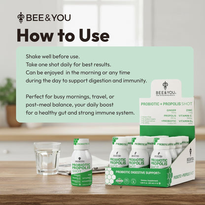 Bee and You Propolis Immune Shot, Probiotic, Vitamin C, Vitamin D3, Zinc, Ginger, Immune Support, Gut Health, Digestive Health, Bioactive 1.69 Fl. oz, 12 Pack - dailyvitalstore