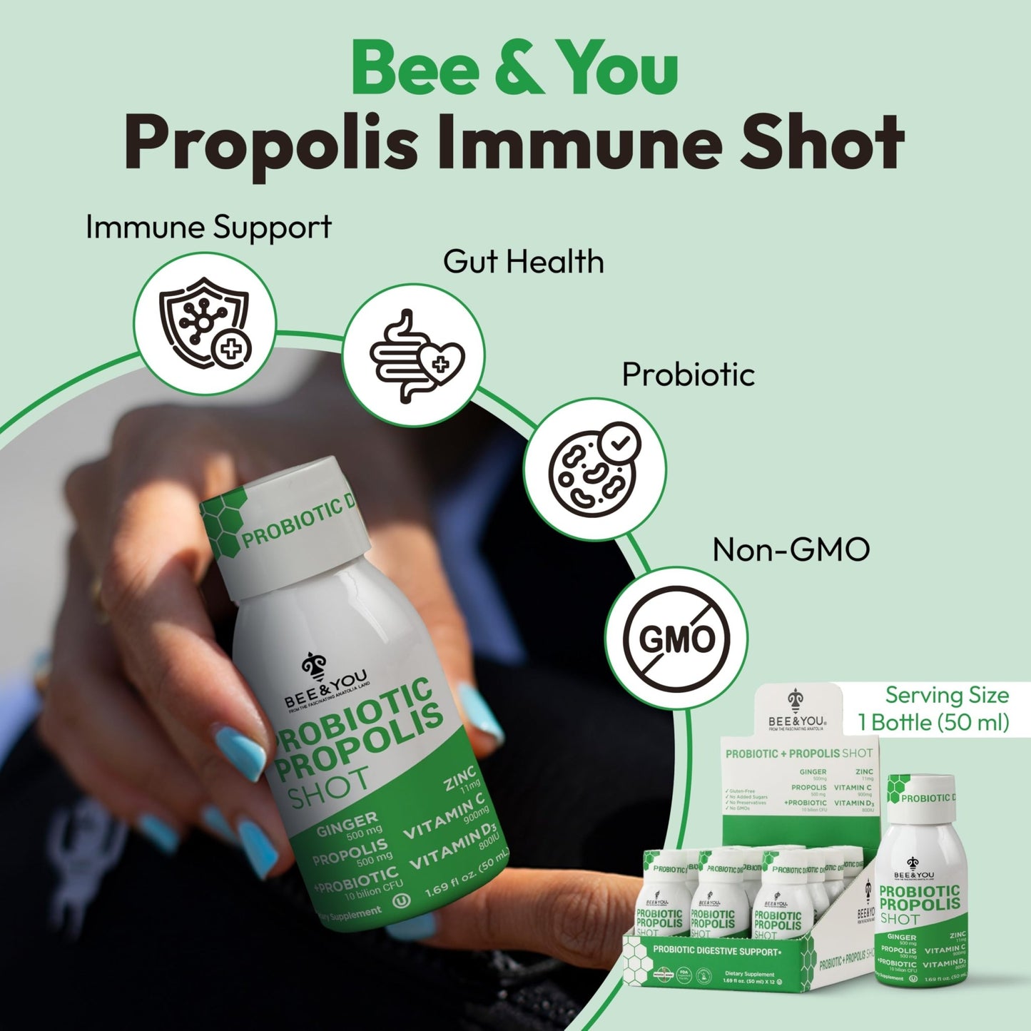 Bee and You Propolis Immune Shot, Probiotic, Vitamin C, Vitamin D3, Zinc, Ginger, Immune Support, Gut Health, Digestive Health, Bioactive 1.69 Fl. oz, 12 Pack - dailyvitalstore