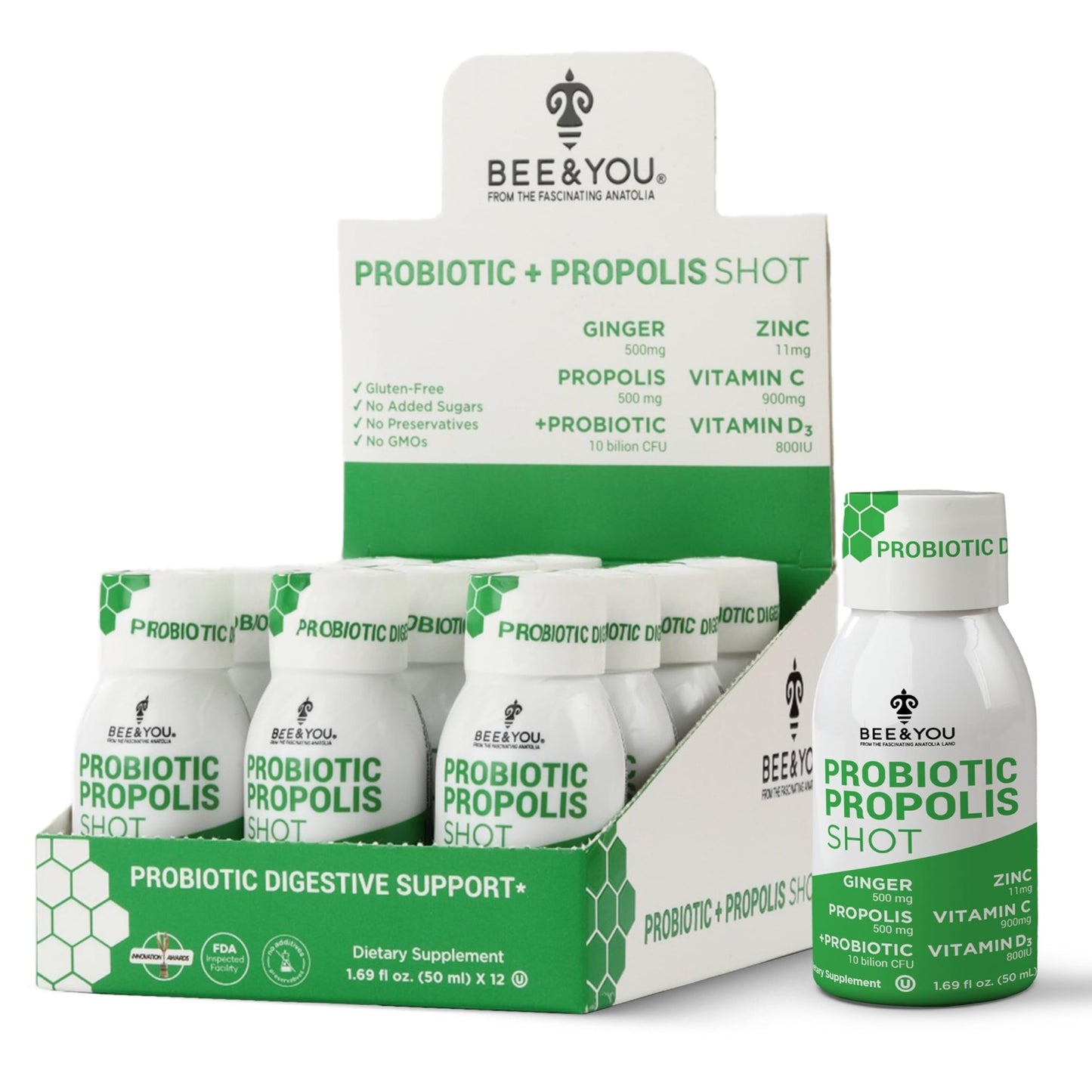 Bee and You Propolis Immune Shot, Probiotic, Vitamin C, Vitamin D3, Zinc, Ginger, Immune Support, Gut Health, Digestive Health, Bioactive 1.69 Fl. oz, 12 Pack - dailyvitalstore