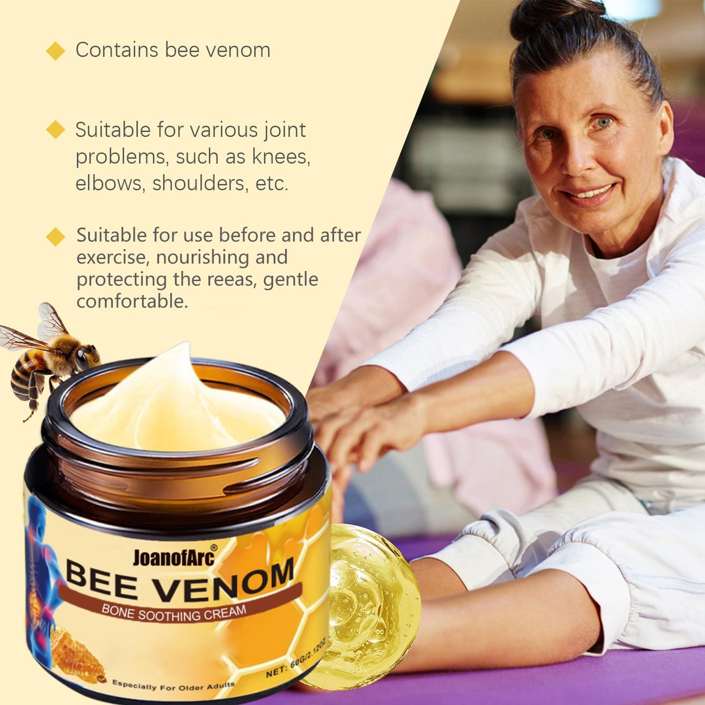 Bee Venom Joint Cream, Natural Bee Venom Skin Cream, Bee Venom Advanced Joint & Bone Cream, Suitable for Everyday Back, Waist, Neck, Hands, Knees, Light Non-Sticky for Men Women Aldult - 2.11 Oz/60g - dailyvitalstore