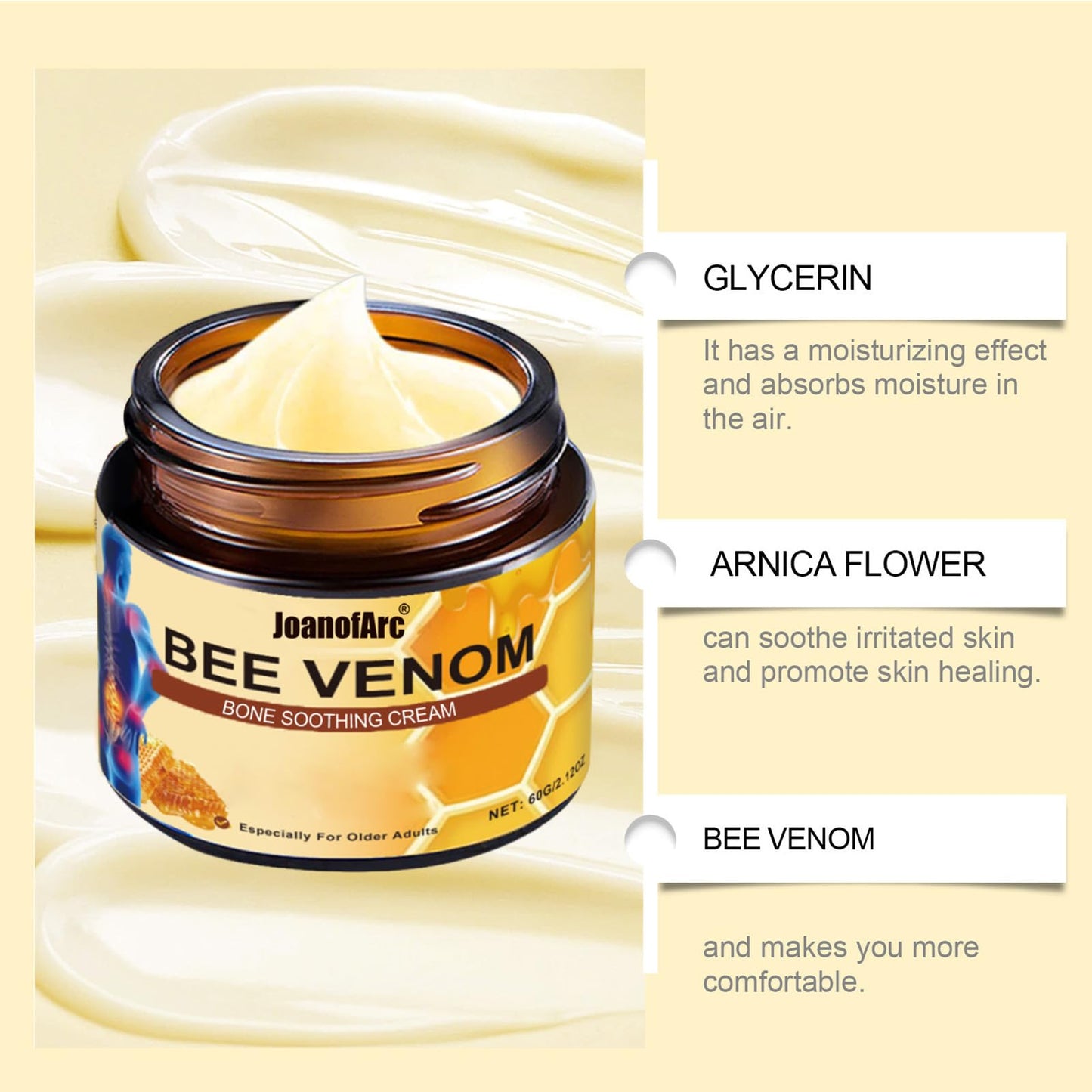 Bee Venom Joint Cream, Natural Bee Venom Skin Cream, Bee Venom Advanced Joint & Bone Cream, Suitable for Everyday Back, Waist, Neck, Hands, Knees, Light Non-Sticky for Men Women Aldult - 2.11 Oz/60g - dailyvitalstore