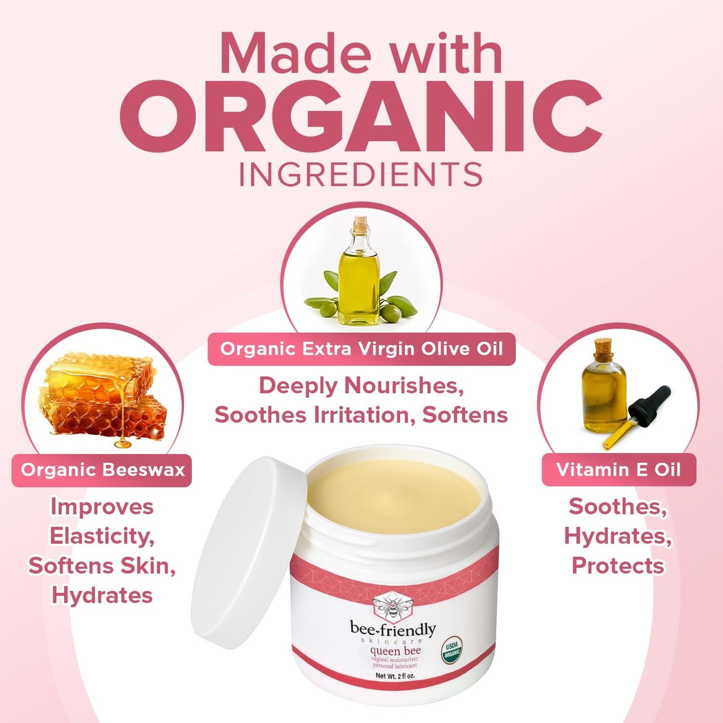 BeeFriendly Organic Vaginal Moisturizer, USDA Certified, Natural Vulva Cream For Dryness, Itching, Irritation, Redness, Chafing Of Vagina Due To Menopause & Thinning 2 oz - dailyvitalstore