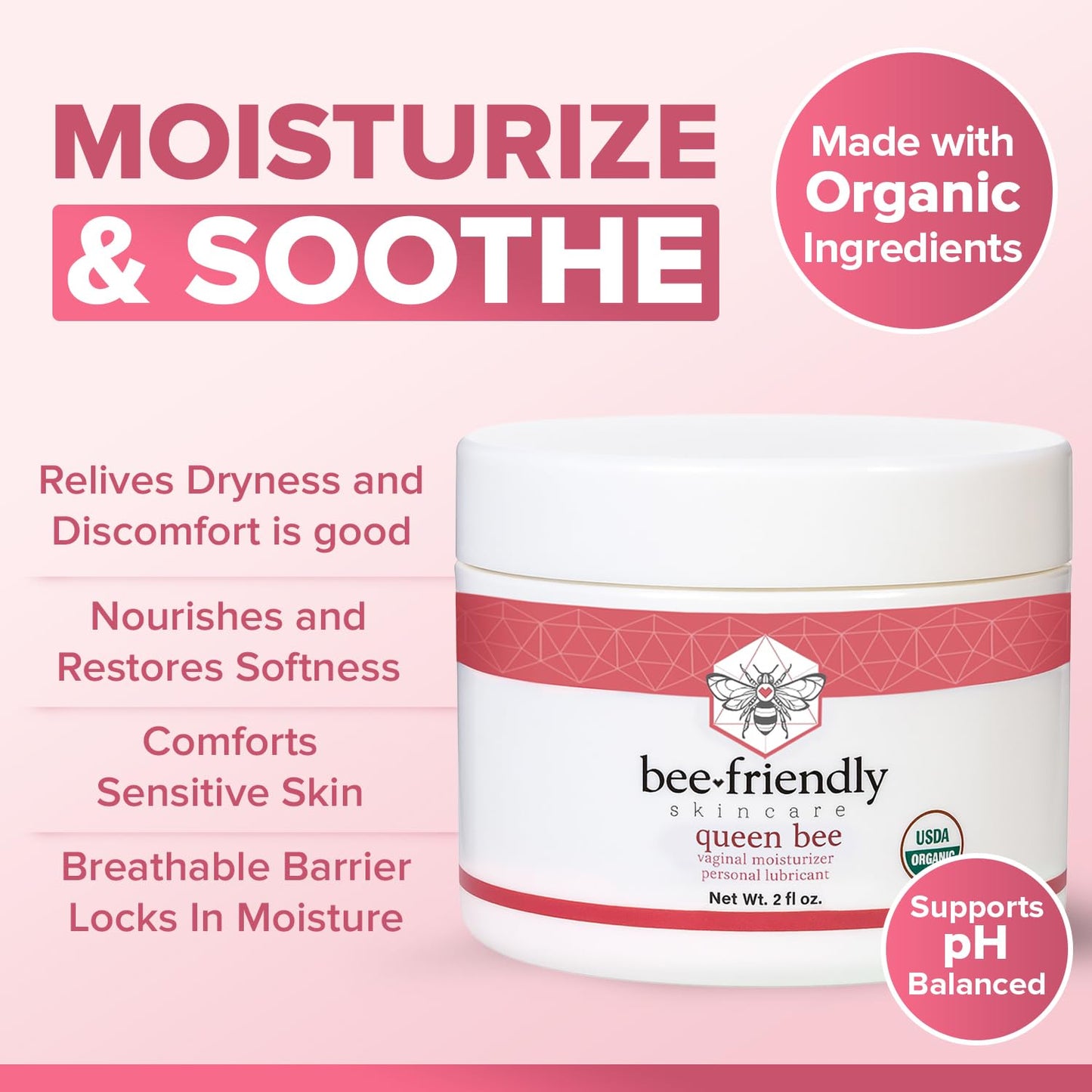 BeeFriendly Organic Vaginal Moisturizer, USDA Certified, Natural Vulva Cream For Dryness, Itching, Irritation, Redness, Chafing Of Vagina Due To Menopause & Thinning 2 oz - dailyvitalstore