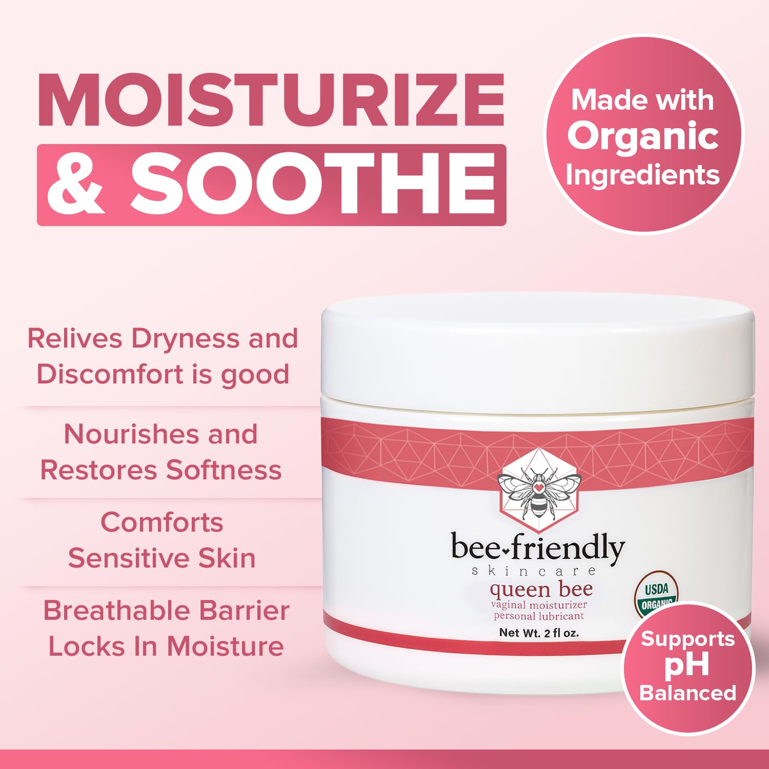 BeeFriendly Organic Vaginal Moisturizer, USDA Certified, Natural Vulva Cream For Dryness, Itching, Irritation, Redness, Chafing Of Vagina Due To Menopause & Thinning 2 oz - dailyvitalstore