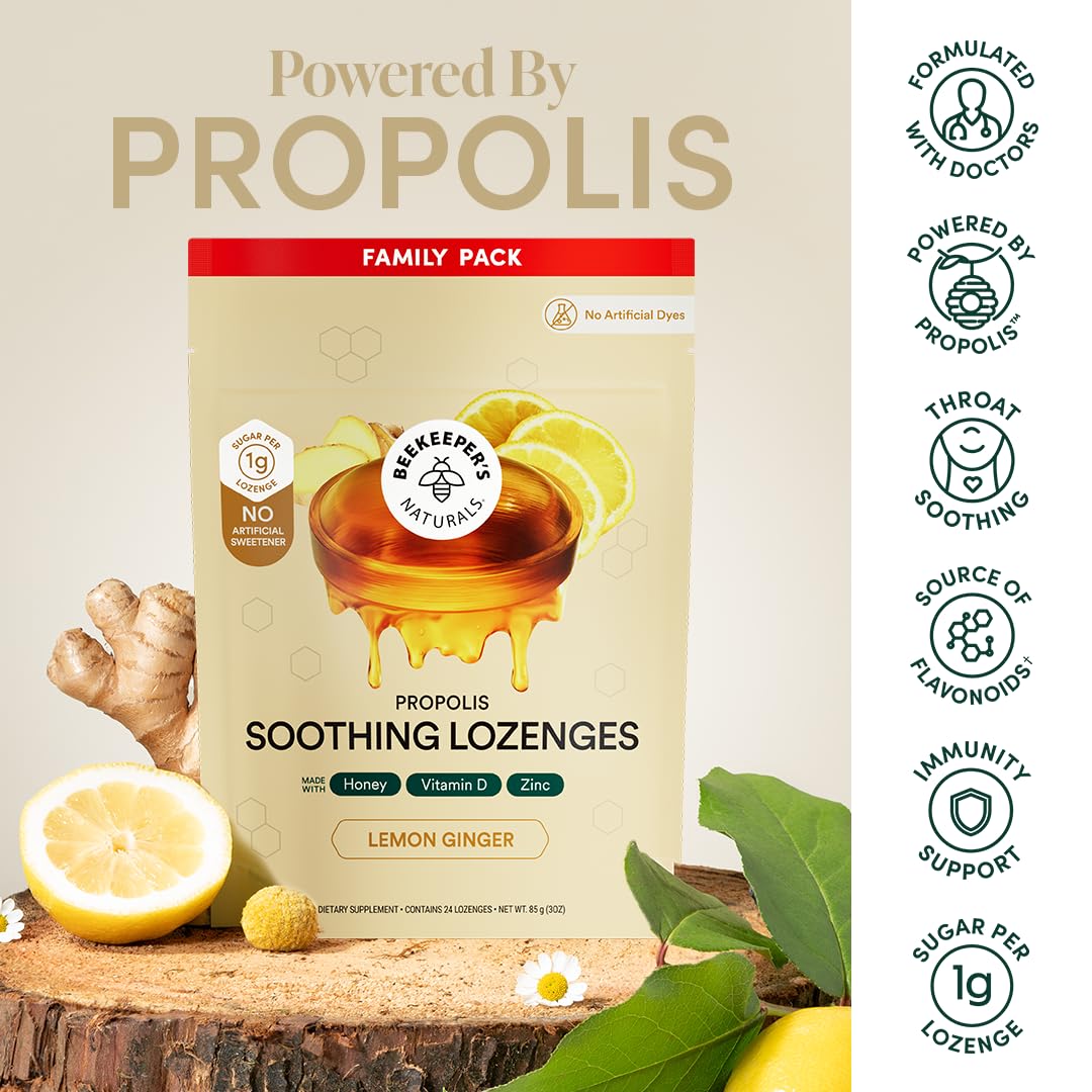 Beekeeper's Naturals Soothing Honey Ginger Lemon Cough Drops - Immune Support with Vitamin D, Zinc and Propolis Throat Soothing Lozenges, 24 Ct - dailyvitalstore
