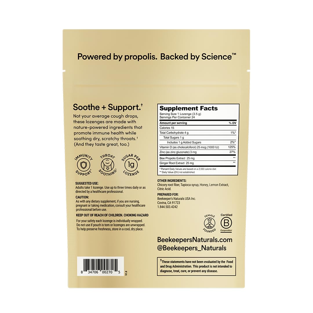 Beekeeper's Naturals Soothing Honey Ginger Lemon Cough Drops - Immune Support with Vitamin D, Zinc and Propolis Throat Soothing Lozenges, 24 Ct - dailyvitalstore