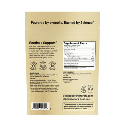 Beekeeper's Naturals Soothing Honey Ginger Lemon Cough Drops - Immune Support with Vitamin D, Zinc and Propolis Throat Soothing Lozenges, 24 Ct - dailyvitalstore