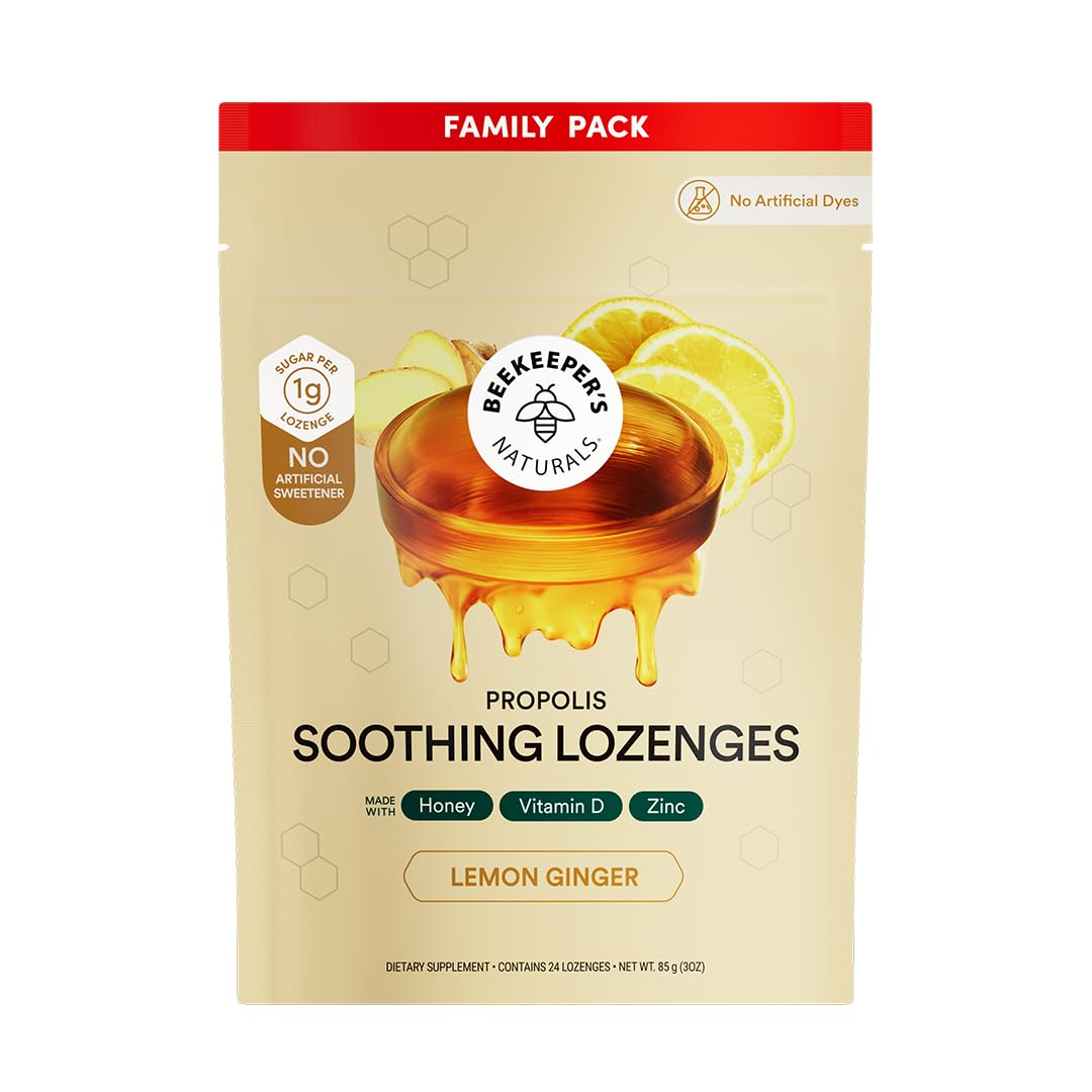 Beekeeper's Naturals Soothing Honey Ginger Lemon Cough Drops - Immune Support with Vitamin D, Zinc and Propolis Throat Soothing Lozenges, 24 Ct - dailyvitalstore