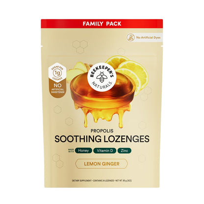 Beekeeper's Naturals Soothing Honey Ginger Lemon Cough Drops - Immune Support with Vitamin D, Zinc and Propolis Throat Soothing Lozenges, 24 Ct - dailyvitalstore