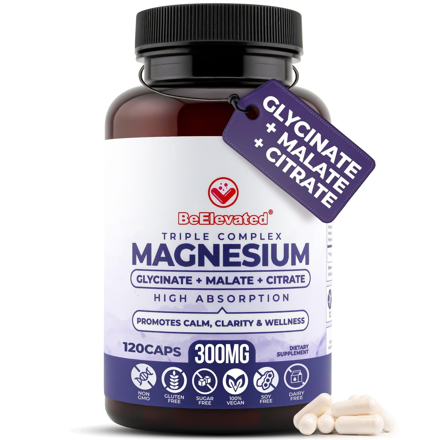 BeElevated High Absorption Triple Magnesium Complex for Sleep, Relaxation & Muscle Support – 300mg of Magnesium Glycinate, Citrate & Malate – Gentle on Stomach – Non-GMO, Vegan – 120 Capsules - dailyvitalstore