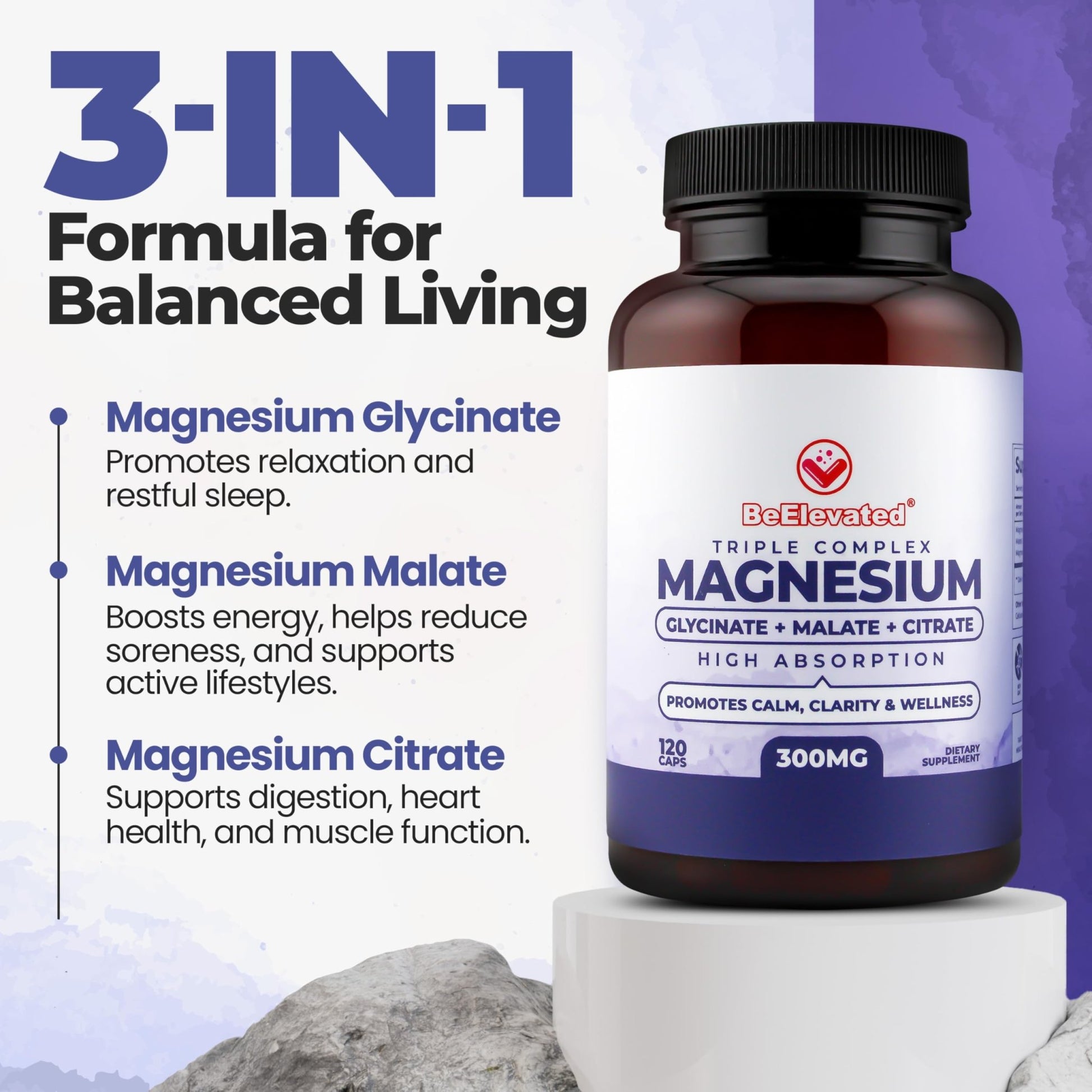 BeElevated High Absorption Triple Magnesium Complex for Sleep, Relaxation & Muscle Support – 300mg of Magnesium Glycinate, Citrate & Malate – Gentle on Stomach – Non-GMO, Vegan – 120 Capsules - dailyvitalstore