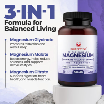 BeElevated High Absorption Triple Magnesium Complex for Sleep, Relaxation & Muscle Support – 300mg of Magnesium Glycinate, Citrate & Malate – Gentle on Stomach – Non-GMO, Vegan – 120 Capsules - dailyvitalstore
