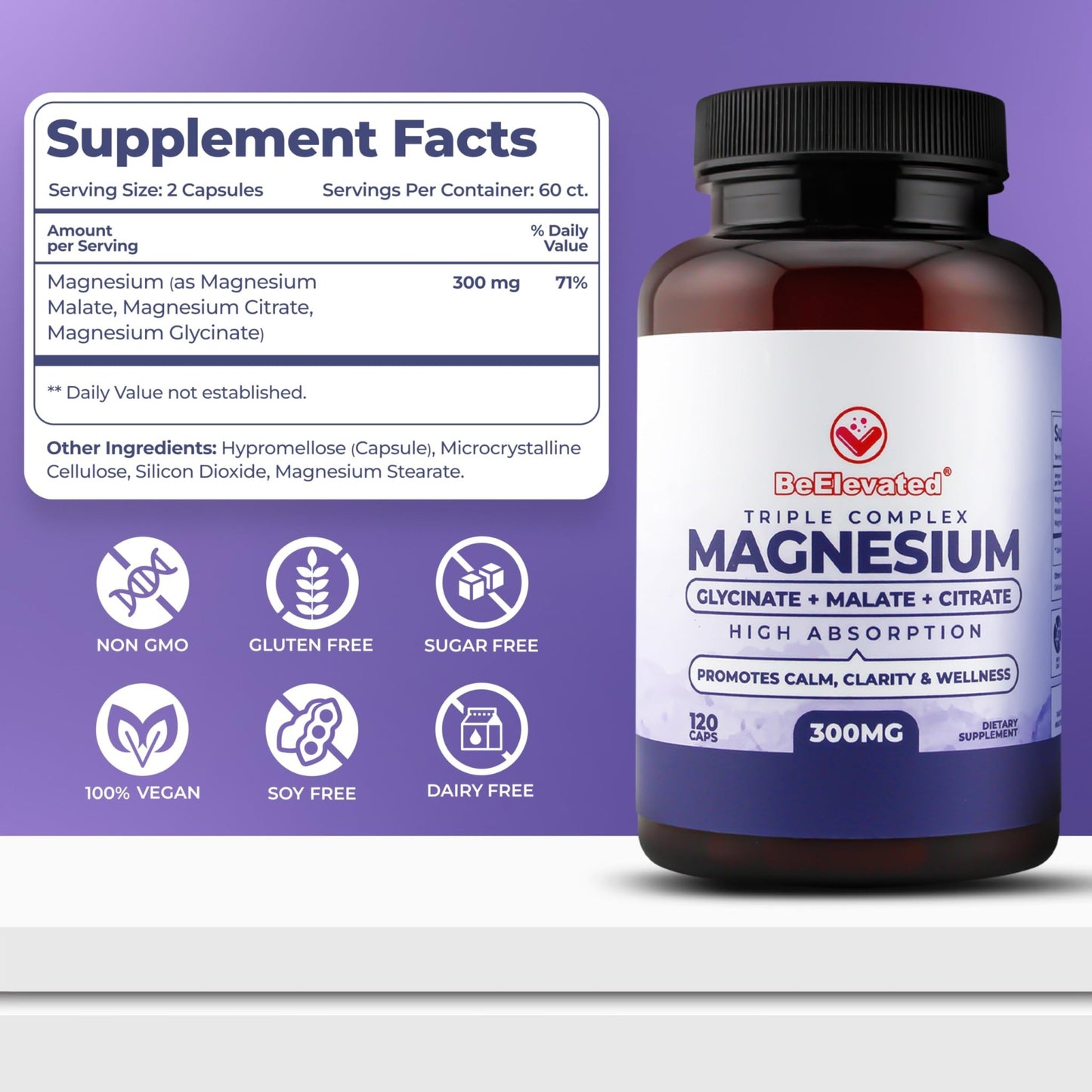 BeElevated High Absorption Triple Magnesium Complex for Sleep, Relaxation & Muscle Support – 300mg of Magnesium Glycinate, Citrate & Malate – Gentle on Stomach – Non-GMO, Vegan – 120 Capsules - dailyvitalstore