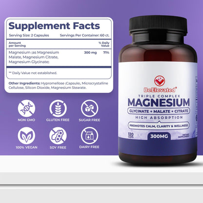 BeElevated High Absorption Triple Magnesium Complex for Sleep, Relaxation & Muscle Support – 300mg of Magnesium Glycinate, Citrate & Malate – Gentle on Stomach – Non-GMO, Vegan – 120 Capsules - dailyvitalstore