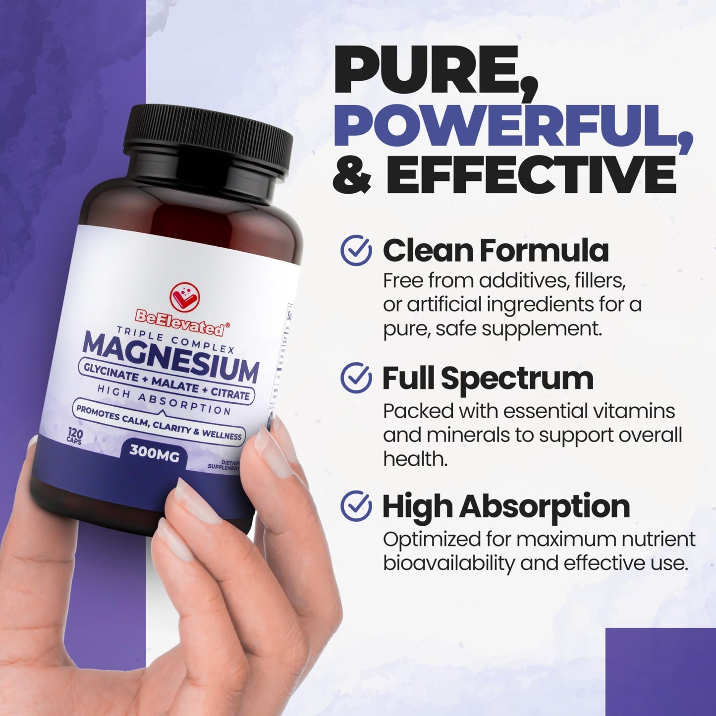 BeElevated High Absorption Triple Magnesium Complex for Sleep, Relaxation & Muscle Support – 300mg of Magnesium Glycinate, Citrate & Malate – Gentle on Stomach – Non-GMO, Vegan – 120 Capsules - dailyvitalstore