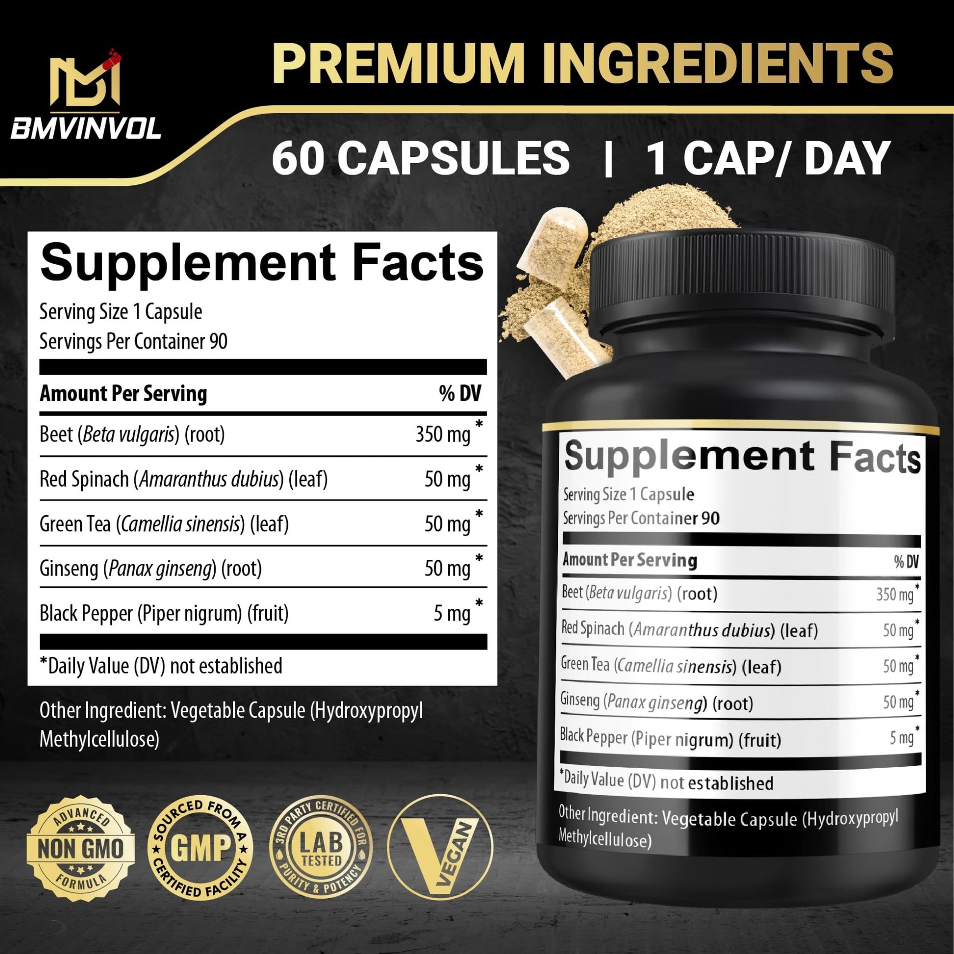 Beet Root Capsules - Green Tea, Red Spinach, Ginseng, Black Pepper - 90 Count - Supports Digestive, Immune System, Energy Levels - 3 Month Supply - dailyvitalstore