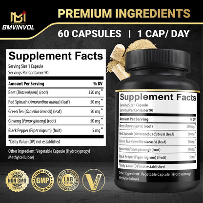 Beet Root Capsules - Green Tea, Red Spinach, Ginseng, Black Pepper - 90 Count - Supports Digestive, Immune System, Energy Levels - 3 Month Supply - dailyvitalstore