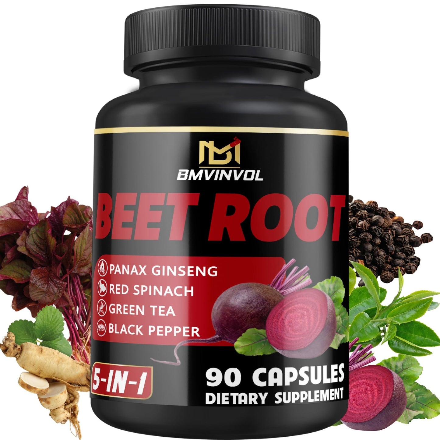 Beet Root Capsules - Green Tea, Red Spinach, Ginseng, Black Pepper - 90 Count - Supports Digestive, Immune System, Energy Levels - 3 Month Supply - dailyvitalstore