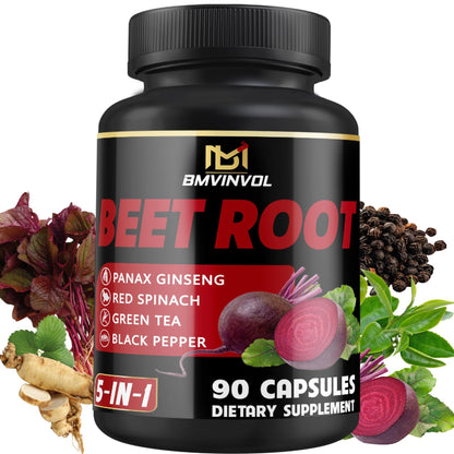 Beet Root Capsules - Green Tea, Red Spinach, Ginseng, Black Pepper - 90 Count - Supports Digestive, Immune System, Energy Levels - 3 Month Supply - dailyvitalstore
