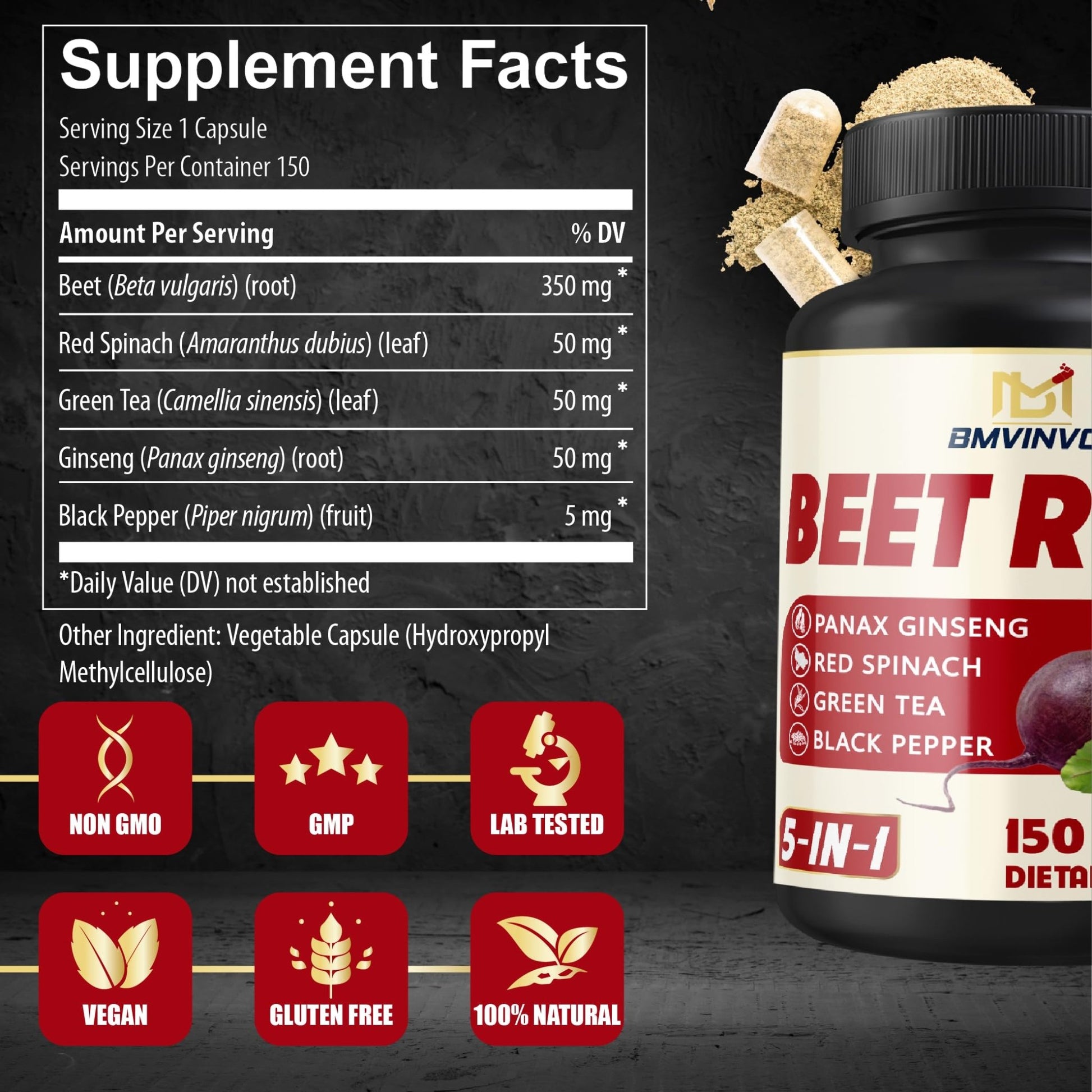 Beet Root, Green Tea, Red Spinach, Ginseng, Black Pepper - 150 Capsules - Supports Digestive, Immune System, Energy Levels - 5 Month Supply - dailyvitalstore