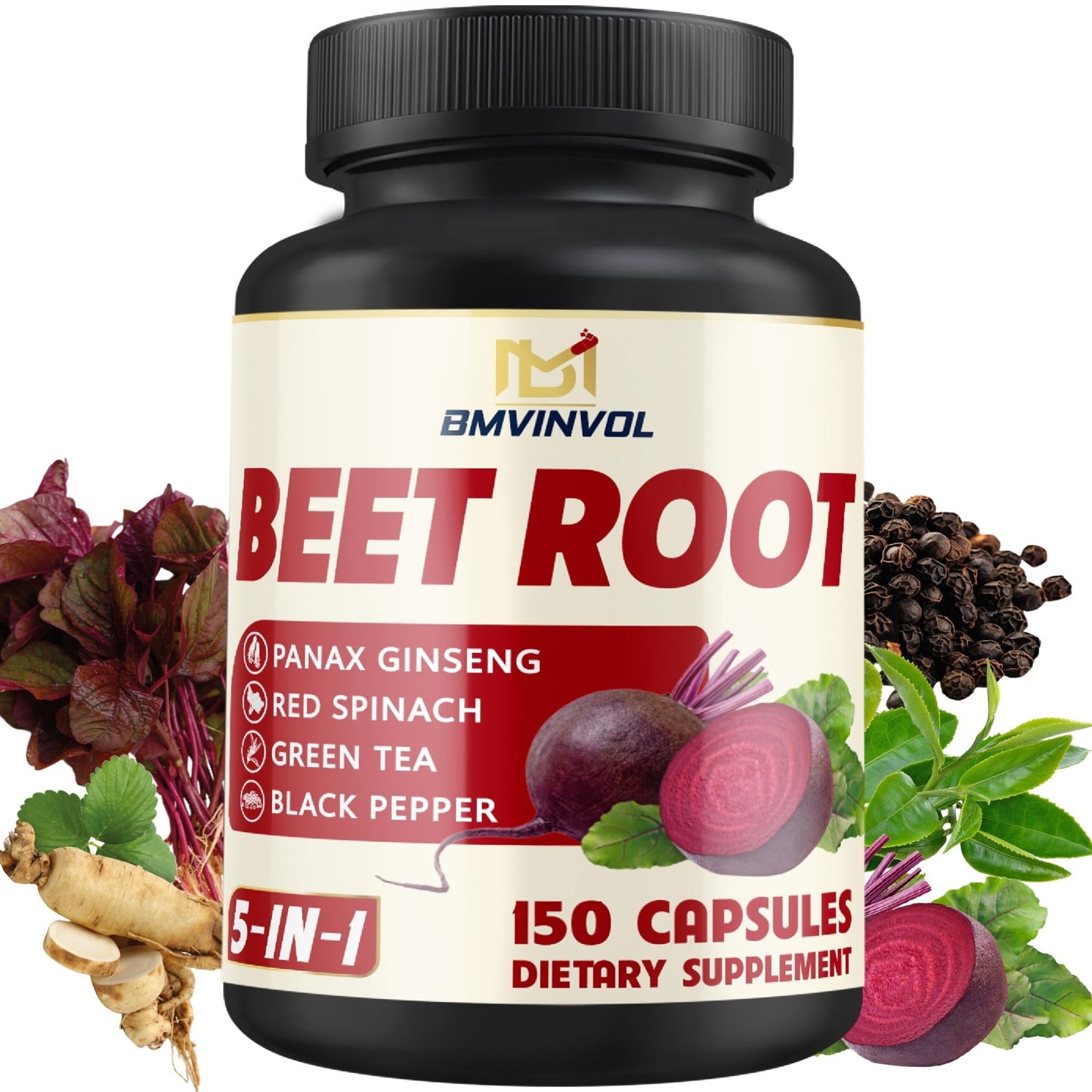 Beet Root, Green Tea, Red Spinach, Ginseng, Black Pepper - 150 Capsules - Supports Digestive, Immune System, Energy Levels - 5 Month Supply - dailyvitalstore