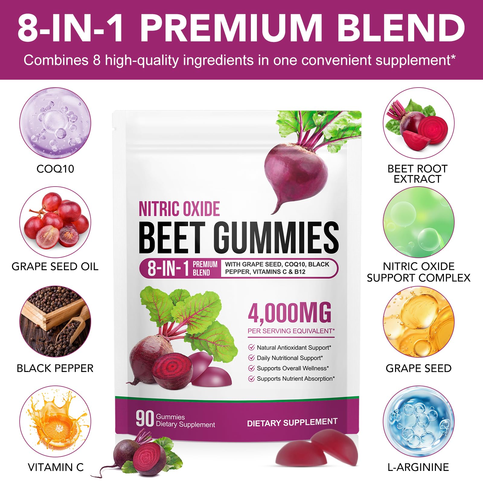 Beet Root Gummies Enriched with 200mg CoQ10 & Beet Root Extract for Blood Pressure, Heart Health Support, Energy Level Suport, Promoting Nitric Oxide - dailyvitalstore