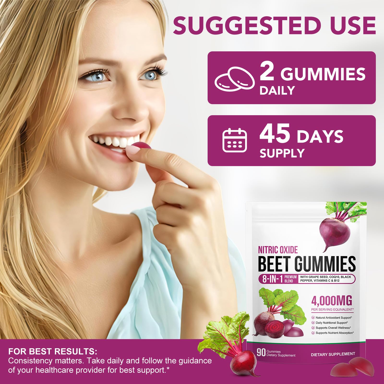 Beet Root Gummies Enriched with 200mg CoQ10 & Beet Root Extract for Blood Pressure, Heart Health Support, Energy Level Suport, Promoting Nitric Oxide - dailyvitalstore