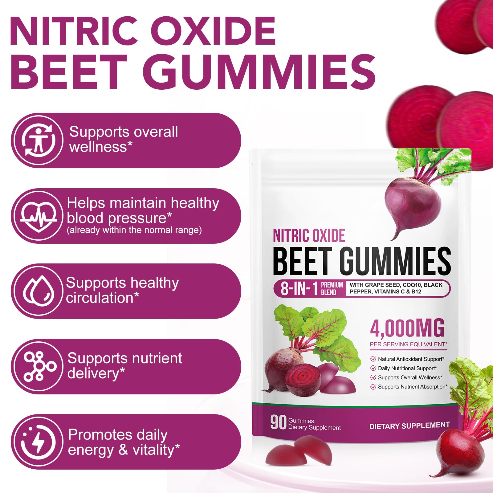 Beet Root Gummies Enriched with 200mg CoQ10 & Beet Root Extract for Blood Pressure, Heart Health Support, Energy Level Suport, Promoting Nitric Oxide - dailyvitalstore