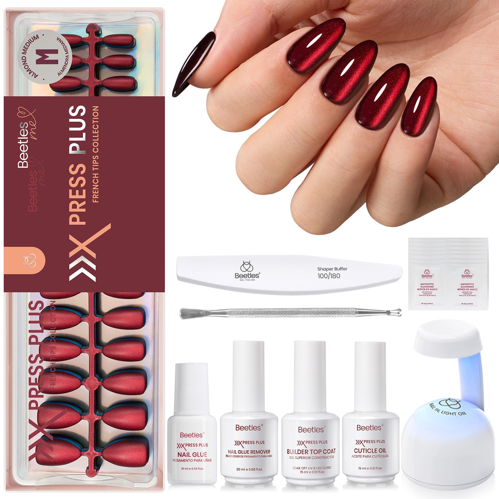 Beetles Cat Eye Nails Kit - Enchanted Aurora | 7 Colors Cat Eye Press On Nails Medium Almond | 224Pcs 16 Sizes All-in-One Kit With Nail Glue,Remover,Builder Top Coat,Nail Lamp Gift - dailyvitalstore