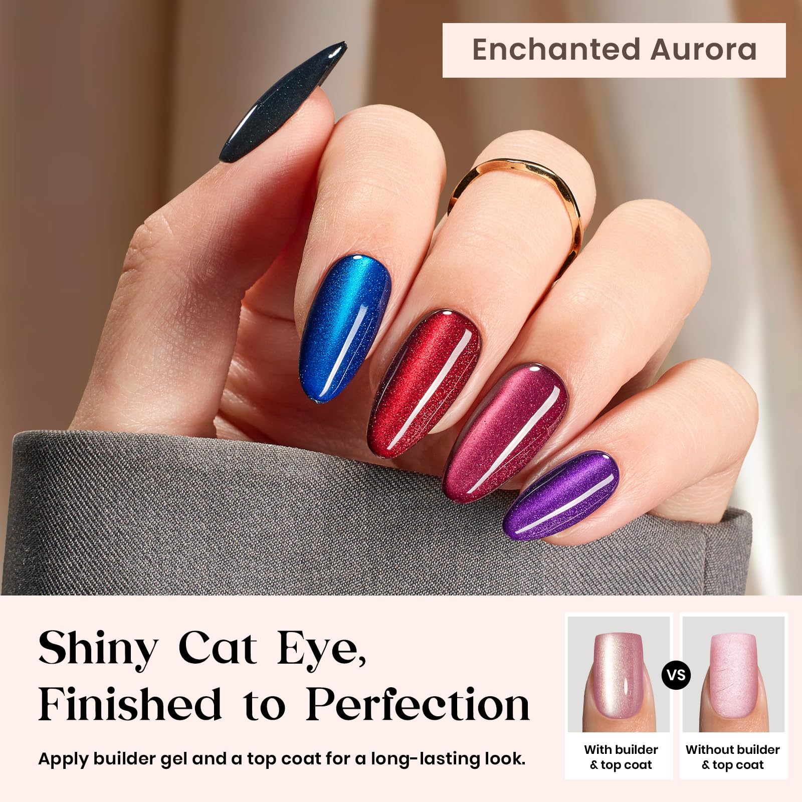 Beetles Cat Eye Nails Kit - Enchanted Aurora | 7 Colors Cat Eye Press On Nails Medium Almond | 224Pcs 16 Sizes All-in-One Kit With Nail Glue,Remover,Builder Top Coat,Nail Lamp Gift - dailyvitalstore