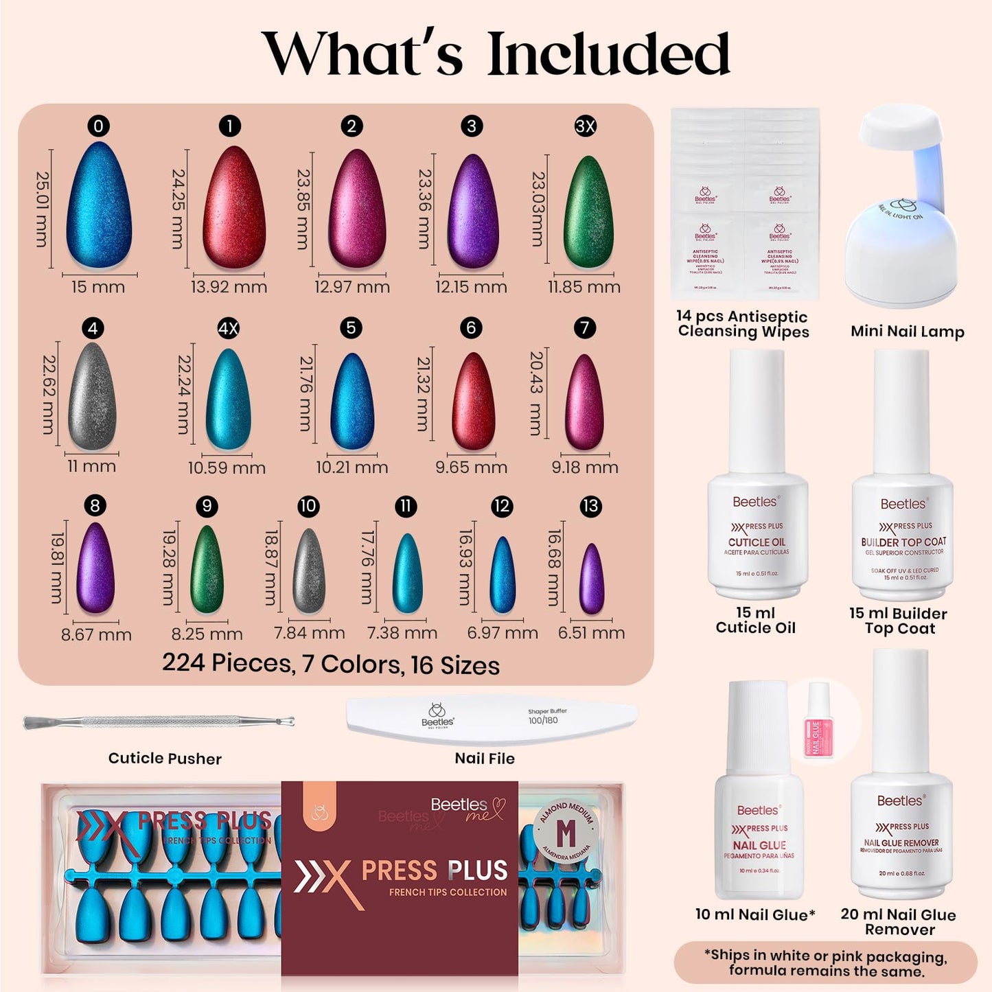 Beetles Cat Eye Nails Kit - Enchanted Aurora | 7 Colors Cat Eye Press On Nails Medium Almond | 224Pcs 16 Sizes All-in-One Kit With Nail Glue,Remover,Builder Top Coat,Nail Lamp Gift - dailyvitalstore