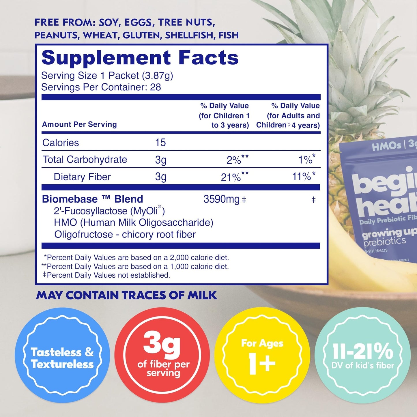 Begin Health Growing Up Prebiotics for Kids 28-Packs | Prebiotic Soluble Powder Stool Softeners and Digestive Gut Health Supplement | Ideal to Mix with Kids Daily - dailyvitalstore
