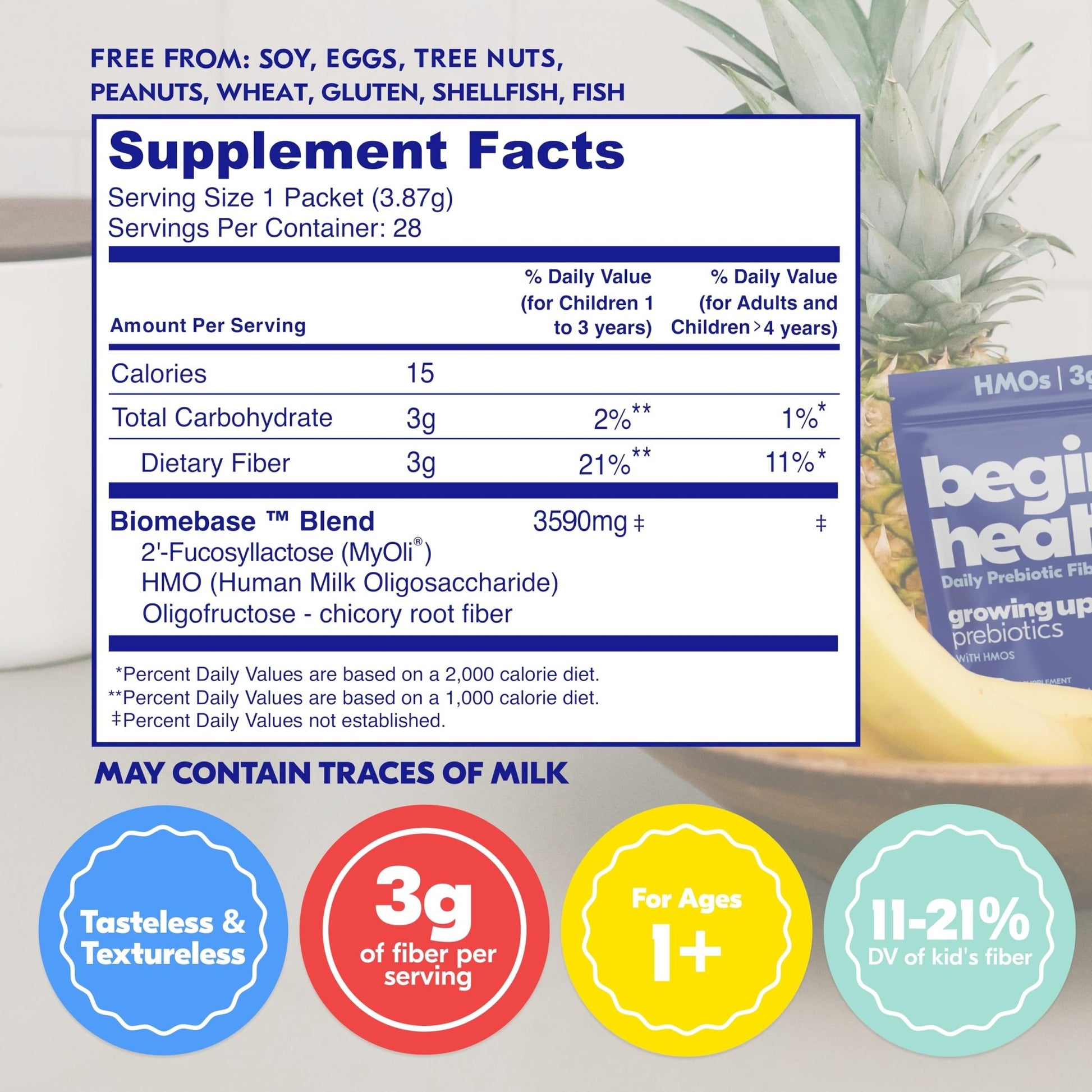 Begin Health Growing Up Prebiotics for Kids 28-Packs | Prebiotic Soluble Powder Stool Softeners and Digestive Gut Health Supplement | Ideal to Mix with Kids Daily - dailyvitalstore