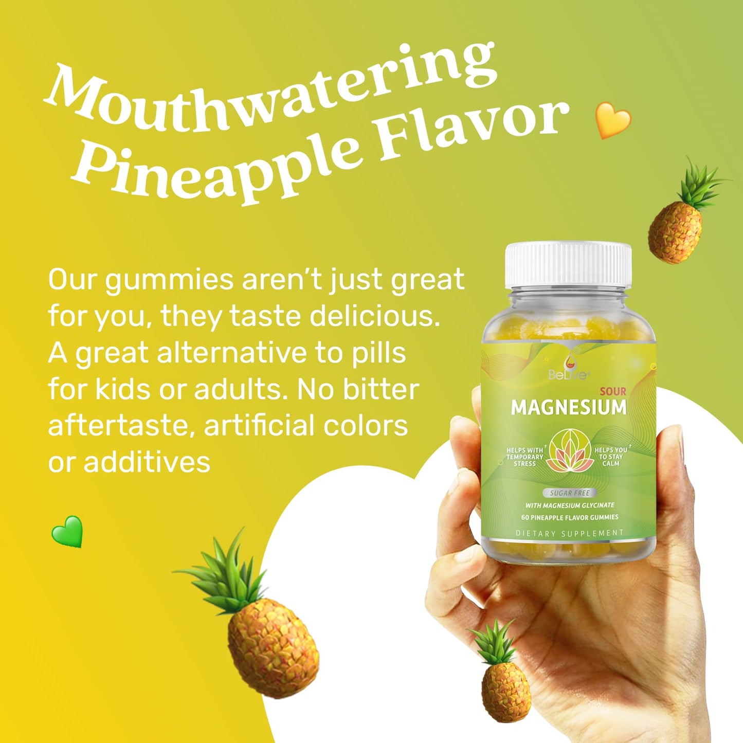BeLive Magnesium Gummies 200mg - 60 Ct | Magnesium Glycinate Supplements for Relaxation, Stress Relief, and Sleep for Adults & Kids - Tasty and Tangy Pineapple Flavor - dailyvitalstore