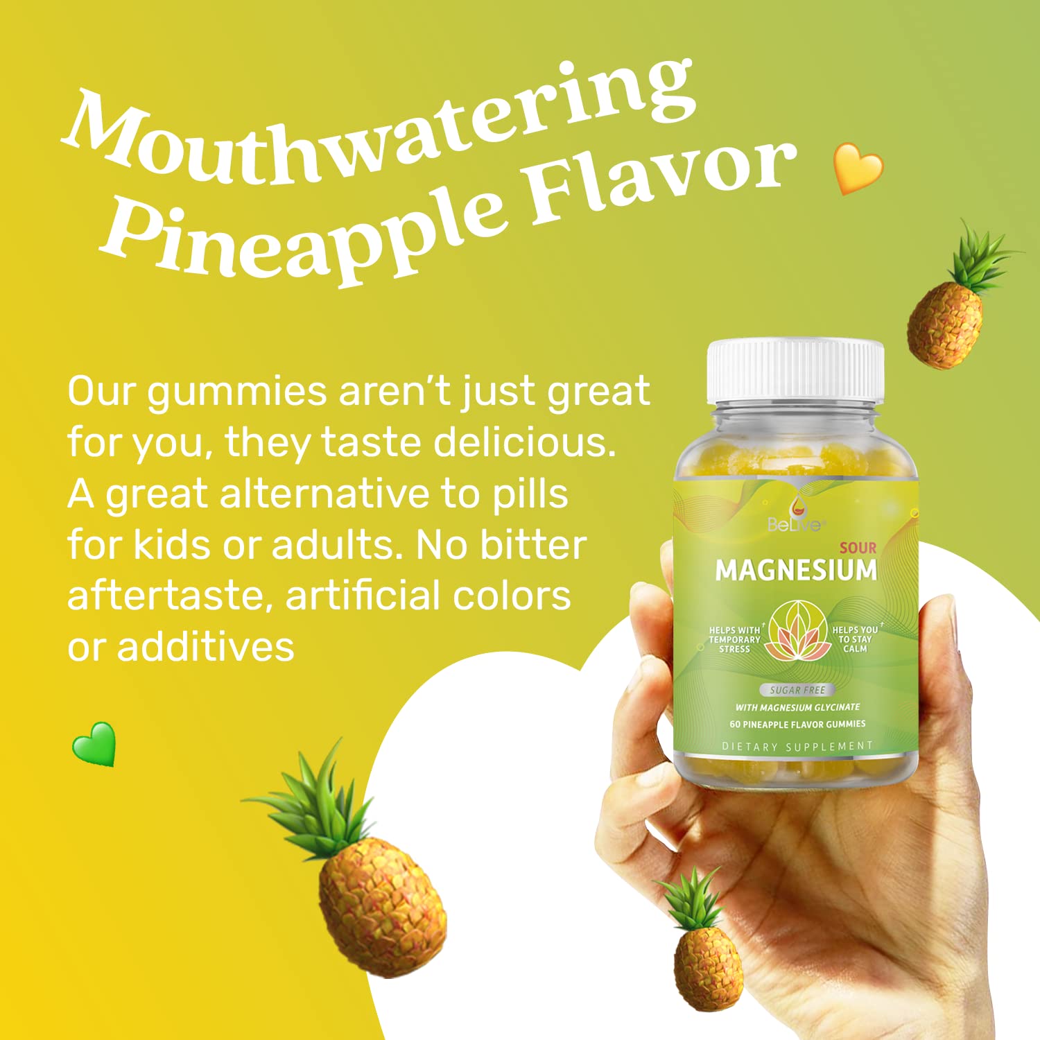 BeLive Magnesium Gummies 200mg - 60 Ct | Magnesium Glycinate Supplements for Relaxation, Stress Relief, and Sleep for Adults & Kids - Tasty and Tangy Pineapple Flavor - dailyvitalstore