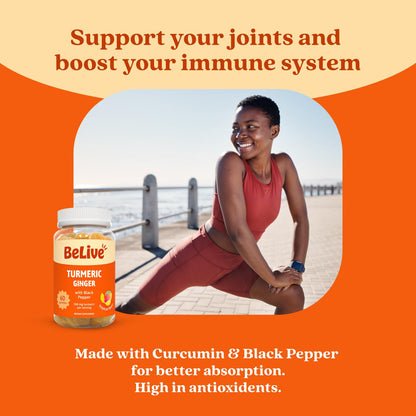 BeLive Turmeric and Ginger Gummies - 500mg - Joint and Mobility Support Supplement - Curcumin with Black Pepper for Enhanced Absorption - dailyvitalstore