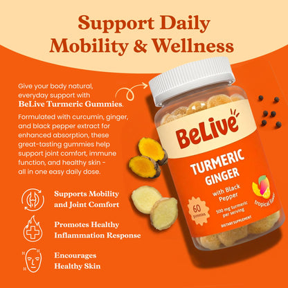 BeLive Turmeric and Ginger Gummies - 500mg - Joint and Mobility Support Supplement - Curcumin with Black Pepper for Enhanced Absorption - dailyvitalstore