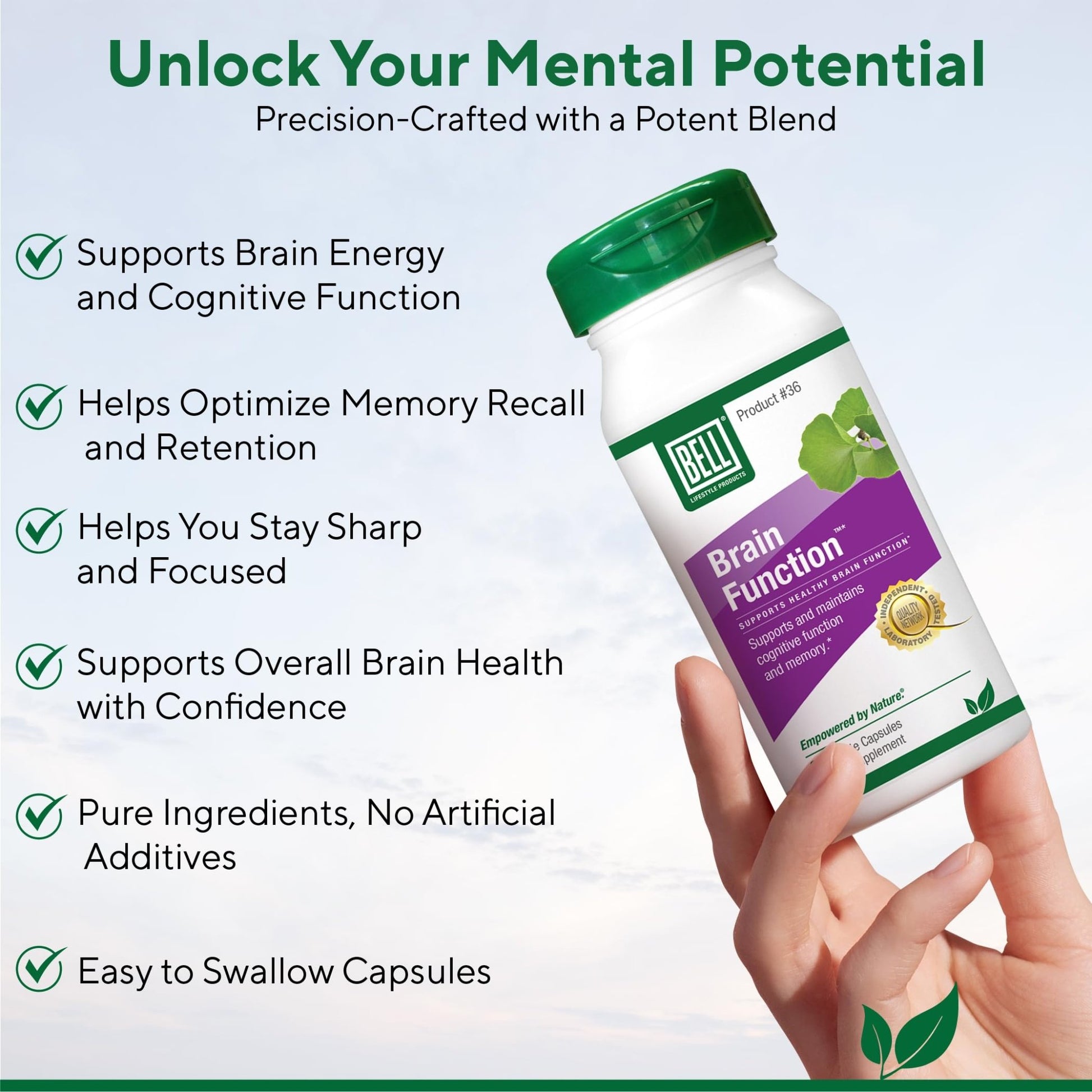 Bell Brain Function Lifestyle, Supports Cognitive Health with Ginkgo, Vitamin B12, Folate - 60 Vegetarian Capsules - dailyvitalstore