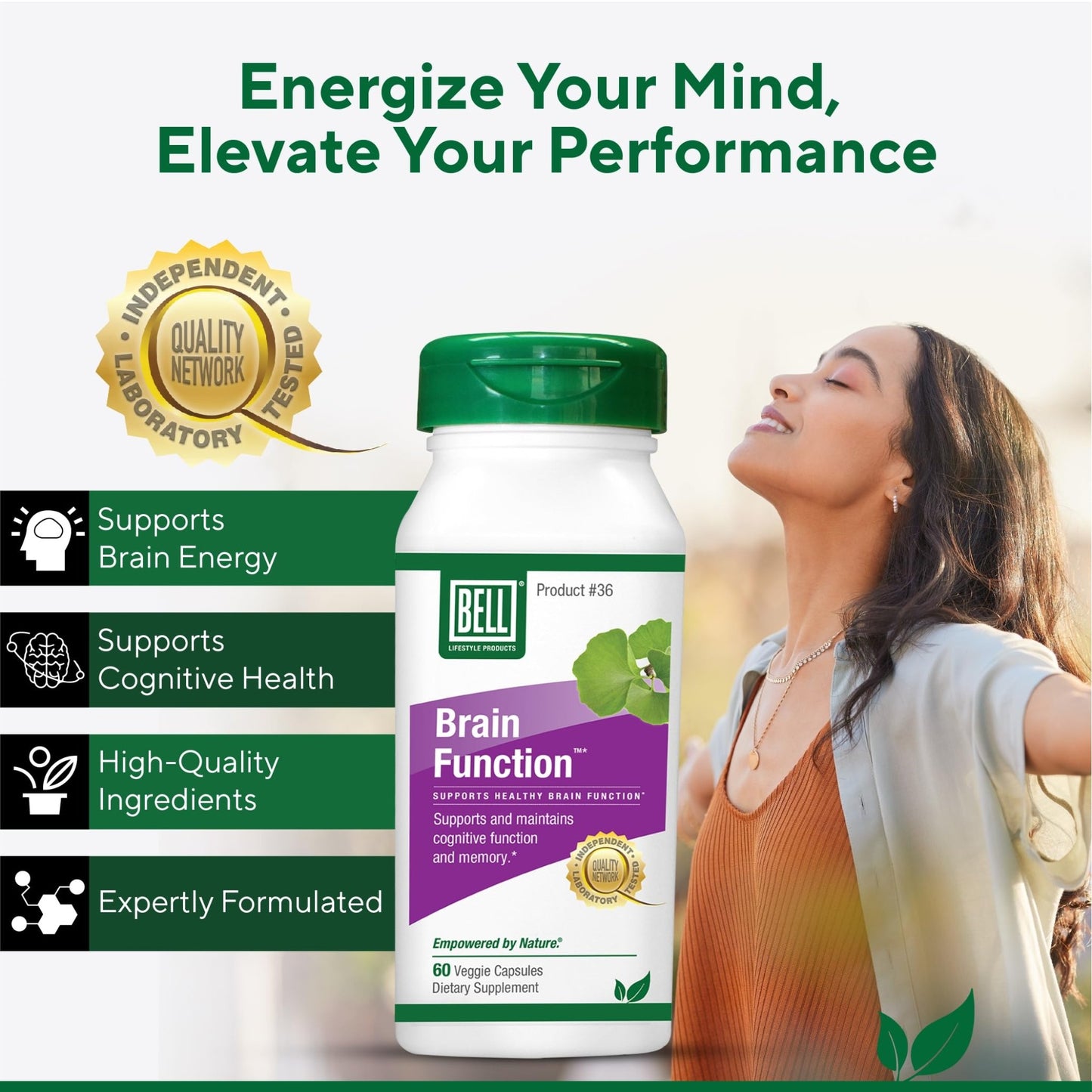 Bell Brain Function Lifestyle, Supports Cognitive Health with Ginkgo, Vitamin B12, Folate - 60 Vegetarian Capsules - dailyvitalstore
